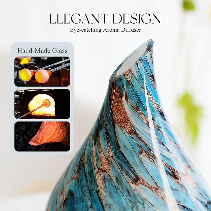 Porseme 280ml Essential Oil Diffuser Glass Color Changing Aroma Air Diffusers Aromatherapy Ultrasonic Cool Mist Humidifier with Remote Control 7 Running Hours Waterless Auto-Off (Light Blue)