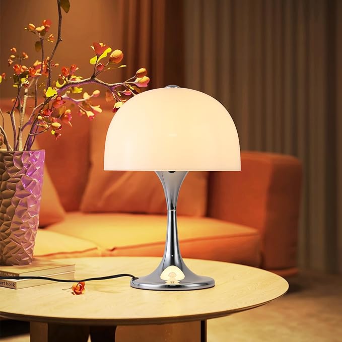 Modern Sleek Table Lamp for Bedroom, 3-Light LED End Desk Lamp for Living Room, Office, Milky White Acrylic Shade Metal Mushroom Table Lamp for Bedside Night Light Desk, Chrome Base