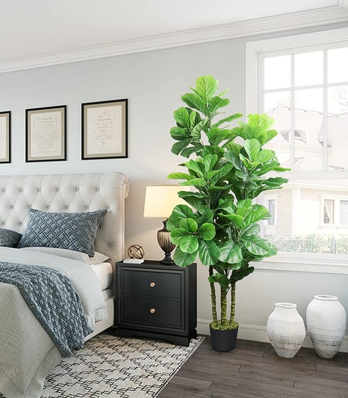 LOVMOR 6ft Artificial Tree Indoor with Woven Seagrass Plant Basket, Artificial Fiddle Leaf Fig Tree Fake Tree Faux Plant Indoor for Living Room Office Floor Home Decor (70 in)