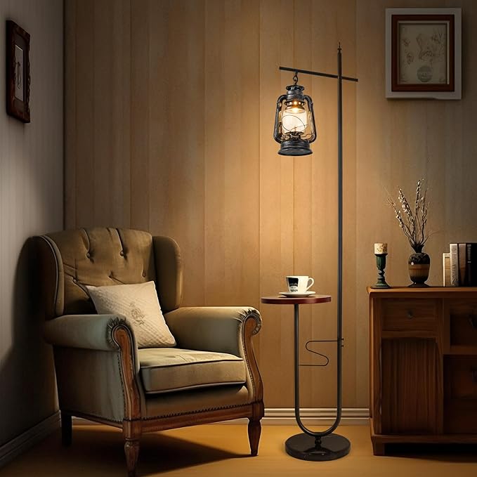 Vintage Floor Lamp with Table,Classical Lantern Standing Rustic Farmhouse Nightstand Hanging Arc Floor Lamp with Black Silver Finish,for Living Room,Bedroom,Reading Room(Silver)