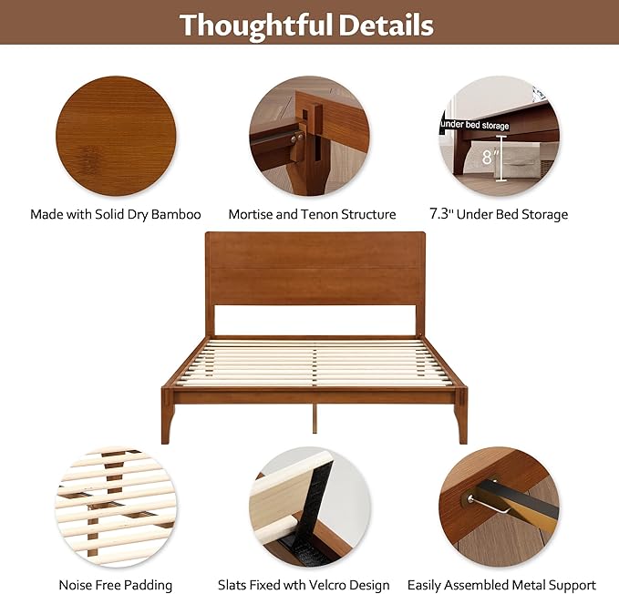 Merax Queen Size Bamboo Platform Bed, Mid-Century Modern Bed Frame with Tall Headboard, Solid Sustainable Bedframe Queen-size, Wood Slat Support, No Box Spring Needed, Easy Assembly, Noise Free, Brown