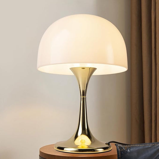 Modern Sleek Table Lamp for Bedroom, 3-Light LED End Table Lamp for Living Room, Office, Milky White Acrylic Shade Metal Mushroom Desk Lamp for Bedside Night Light, Gold Base