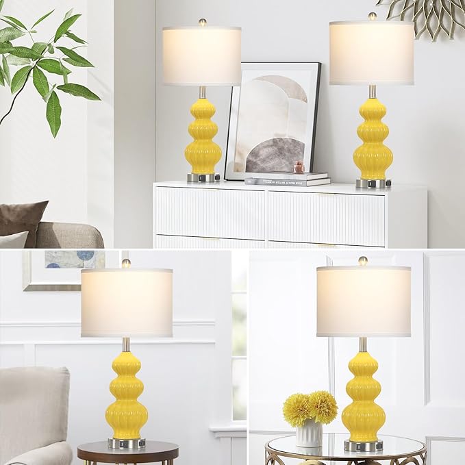 26" Set of 2 Yellow Ceramic Table Lamps with USB A+C Ports & AC Outlet, 3-Way Dimmable Gourd Bedside Nightstand Lamps with White Shade for Bedroom, Living Room, Office