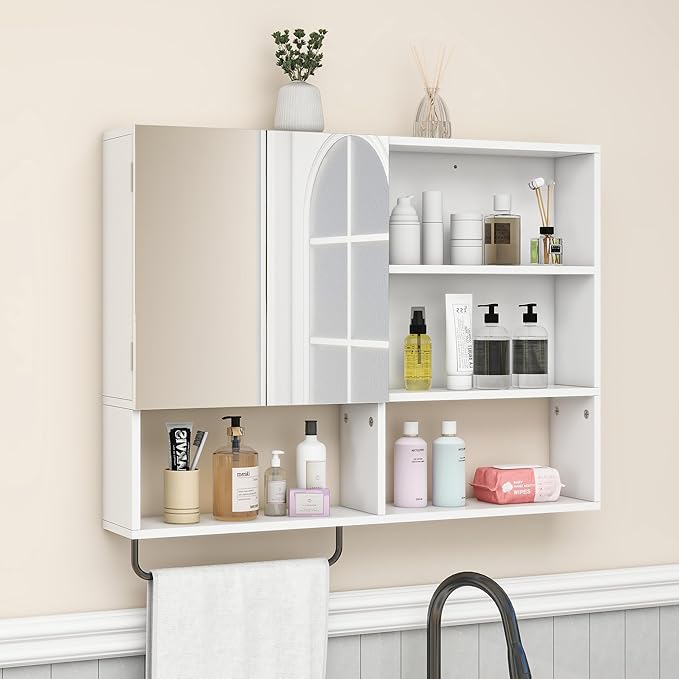 Wooden Bathroom Organizers, Over The Toilet Storage Cabinet with 2 Doors, Adjustable Shelves & Towel Bar, Wall Mounted Medicine Cabinet for Laundry with Mirror, White