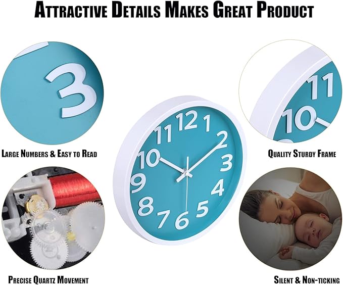 10 Inch Wall Clock Silent Non-Ticking,Modern Wall Clocks Battery Operated Easy to Read Quartz Analog Clock for Kitchen Bedroom Classroom School Bathroom Decor,Coastal Beach Theme (Aqua)