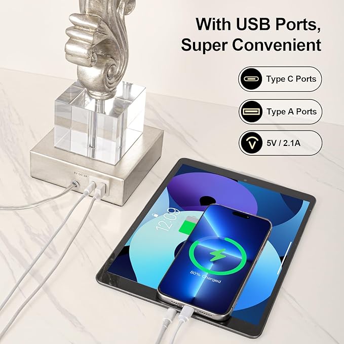 Scenekoy Table Lamp Set of 2 with USB Ports, Pull Chains Switch, 27” Silver Leaf Sculptural Bedside Lamps with Linen Shade for Living Room Bedroom, Nightstand Lamps for Home Room Decor