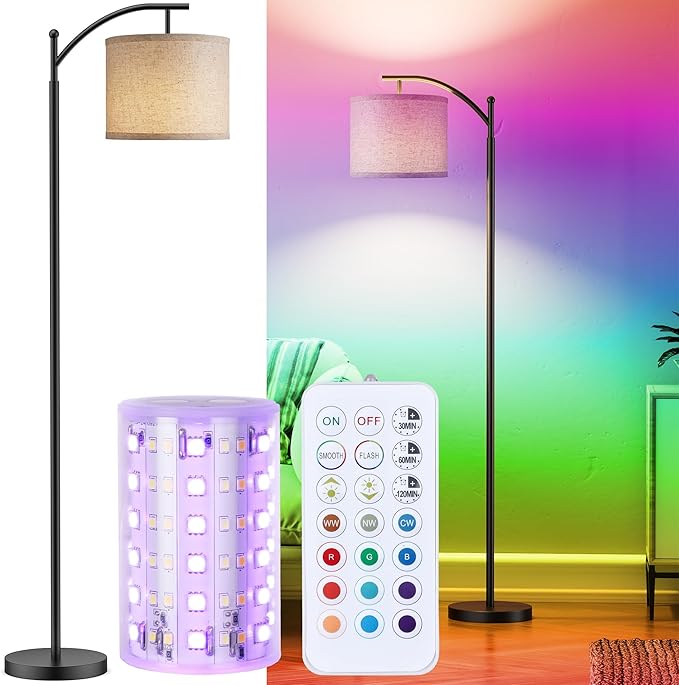 Battery Operated Floor Lamp, RGB Dimmable Cordless Standing Lamp with Remote Control for Living Room, Tall Floor Lamp for Bedroom