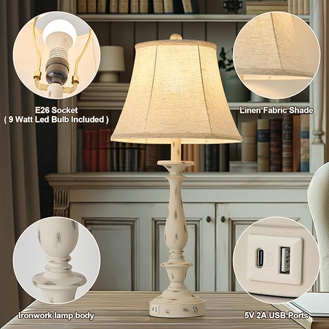 AIDENOEY 28.5" Traditional Table Lamp Set of 2, Rustic Farmhouse Table Lamps for Living Room Bedroom, Bedside Desk Lamps Vintage Nightstand Lamps with Silk Fabric Shades, Distressed White