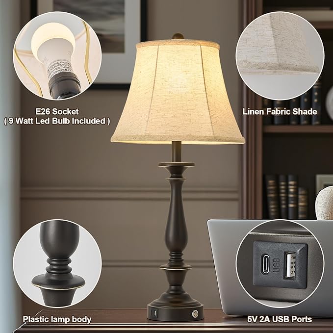 AIDENOEY 28.5" Traditional Table Lamp Set of 2, Rustic Farmhouse Table Lamps for Living Room Bedroom, Bedside Desk Lamps Vintage Nightstand Lamps with Silk Fabric Shades, Oil Rubbed Bronze