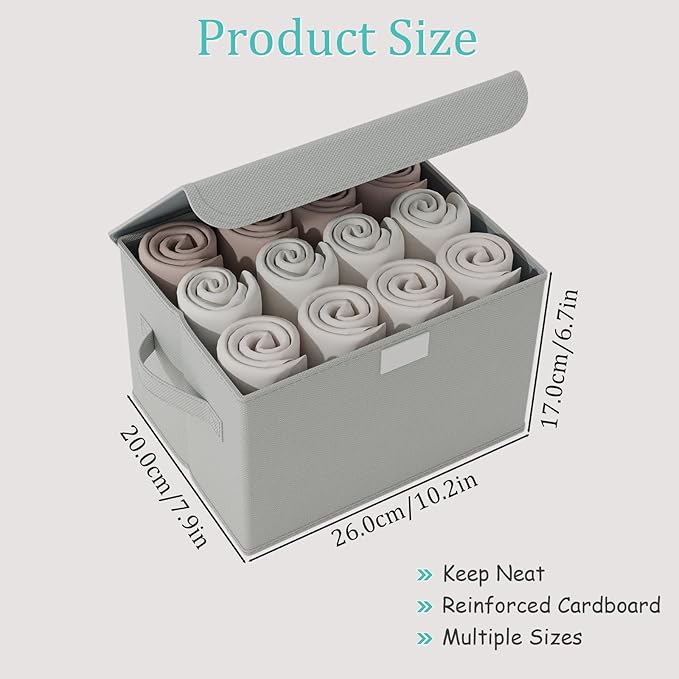 Fabric Storage Bin with Lid, Closet Boxes with Cover, Collapsible Stackable Organizer Basket with 2 Handles, for Home and Bedroom, 2 Pack, Grey, 10.2 x 7.9 x 6.7 In, XSNY12GS-2