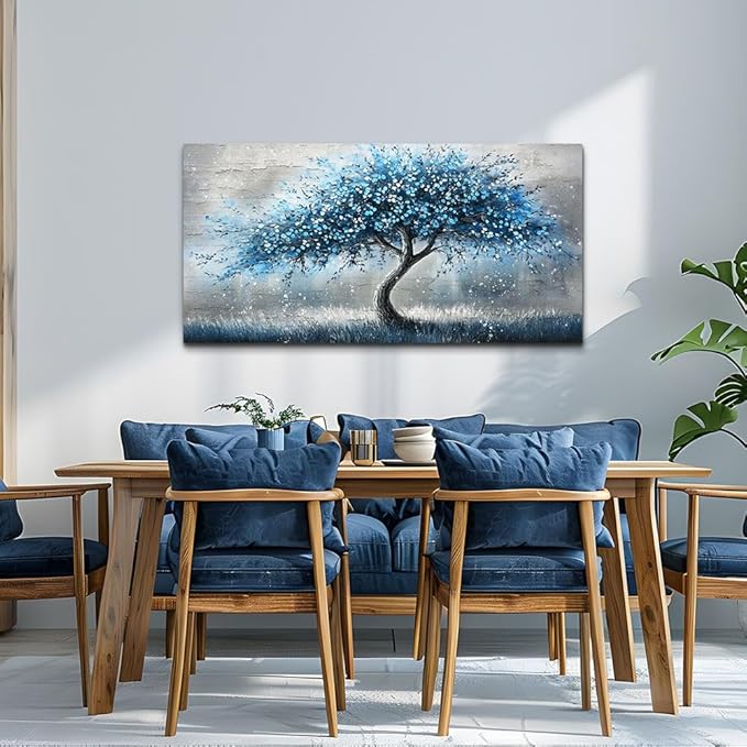 hyidecorart Wall Art For Living Room Wall Decor For Bedroom Abstract Canvas Painting Blue Tree Pictures Large Panoramic Landscape Artwork Office Decorations Modern Posters Ready To Hang Home Decor