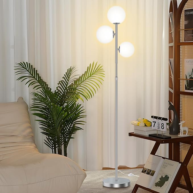 67" Mid Century Floor Lamps for Living Room, 3 Globe Floor Lamp with Frosted Glass Shades, Adjustable Height Standing Lamp with Foot Switch, Tall Lamps for Bedroom Office, G9 Bulbs Included, Silver