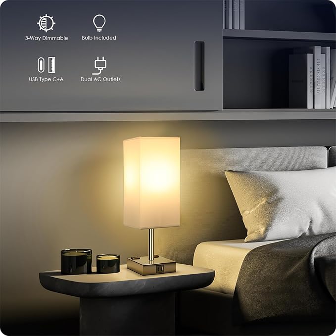 Soilsiu Set of 2 Bedside Table Lamp 3 Way Dimmable Nightstand Lamp with USB C & USB A Charging Port, 2 AC Outlets, 3000K LED Bulbs (White)