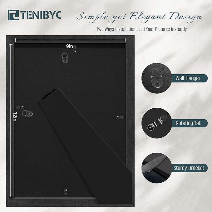 9x12 Frame Set of 4, Textured Black Wood, 9 x 12 Picture Frame with HD Tempered Glass, Table or Wall Display