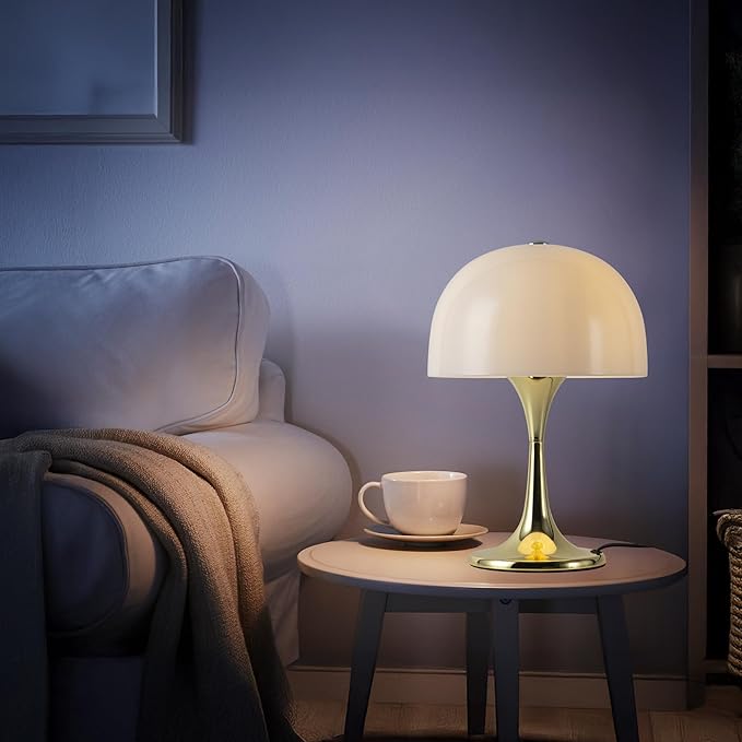 Modern Sleek Table Lamp for Bedroom, 3-Light LED End Table Lamp for Living Room, Office, Milky White Acrylic Shade Metal Mushroom Desk Lamp for Bedside Night Light, Gold Base