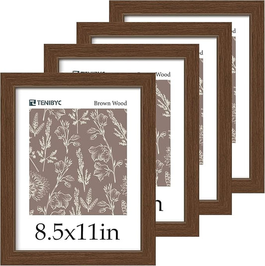 8.5 by 11 Picture Frame 4 Pack - HD Tempered Glass, Natural Wood Certificate Frame, Table Top or Wall Gallery Frame