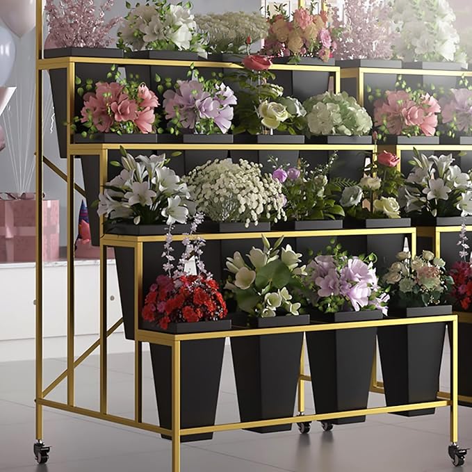Flower Display Stand With 12PCS Buckets, 3 Layers Metal Plant Stand with Wheels, Heavy Duty Moving Plant Cart Shelf, for Indoor, Outdoor Patio Garden, Living Room, Florist (Black - Square Bucket)
