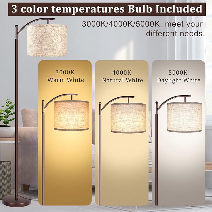 ROTTOGOON Floor Lamp for Living Room, LED Tall Industrial Standing Lamp Reading for Bedroom, Office (9W LED Bulb, Beige Lampshade Included) -Oil-Rubbed Bronze