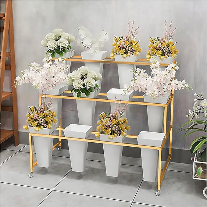 Flower Display Stand With 12PCS Buckets, 3 Layers Metal Plant Stand with Wheels, Heavy Duty Moving Plant Cart Shelf, for Indoor, Outdoor Patio Garden, Living Room, Florist (White - Square Bucket)