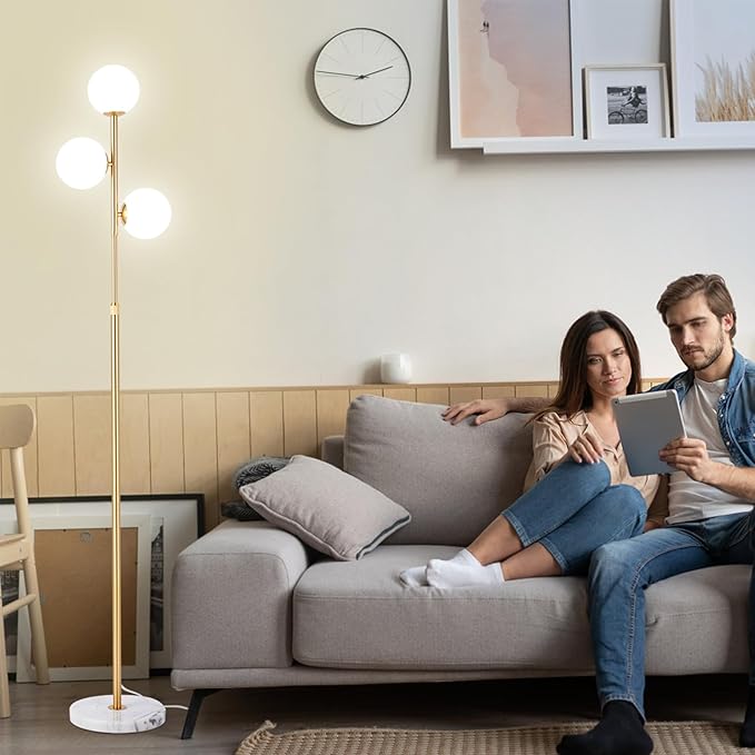 3-Globe Mid Century Modern Floor Lamps for Living Room, Adjustable Height Standing Lamp with Marble Base, Gold Tall Lamp with Frosted Glass Shades, Pole Lamps for Bedroom, Bulbs Included