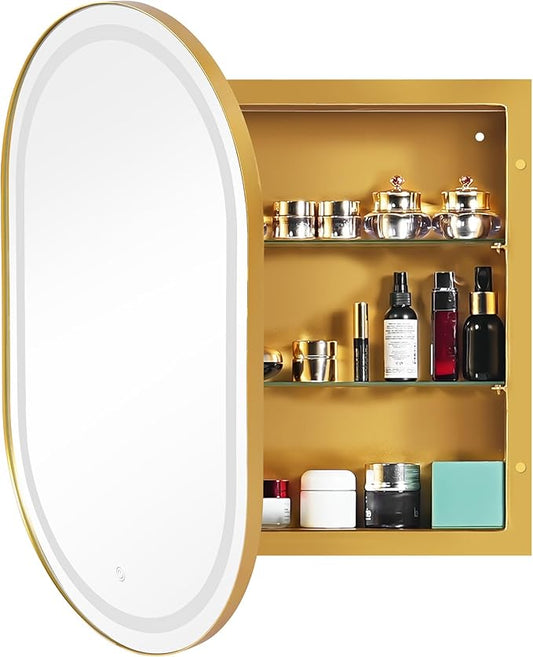 SogesHome Wall Mounted Mirror Medicine Cabinet 33"X20" with LED Lights, Oval Vanity Mirror Storage with Shelves, Modern Decro Recessed Mirror Medicine Cabinet for Bathroom, Bedroom, Gold