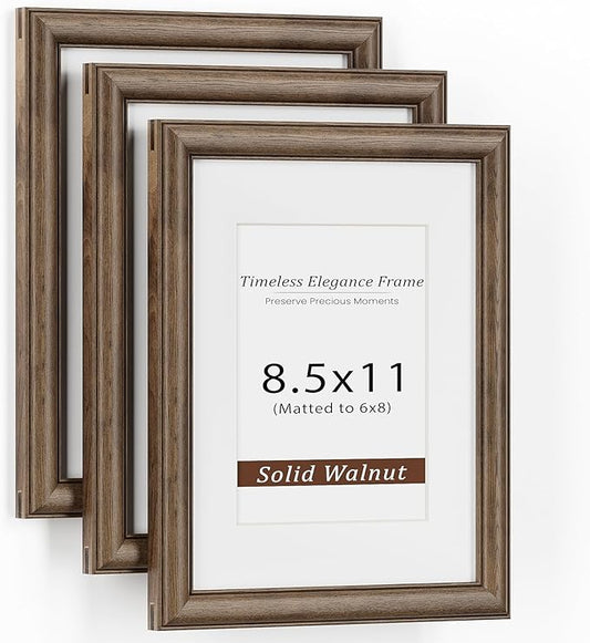 8.5x11 Picture Frame, USA-Sourced Walnut Wood with Tempered Glass, Display 6x8 with Mat or 8.5x11 Without Mat, 8.5 by 11 Photo Frame for Wall & Tabletop Display, Handcrafted Wood Frame, 3 Pack