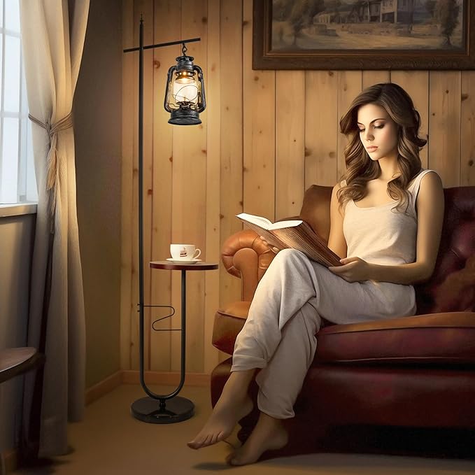 Vintage Floor Lamp with Table,Classical Lantern Standing Rustic Farmhouse Nightstand Hanging Arc Floor Lamp with Black Silver Finish,for Living Room,Bedroom,Reading Room(Silver)