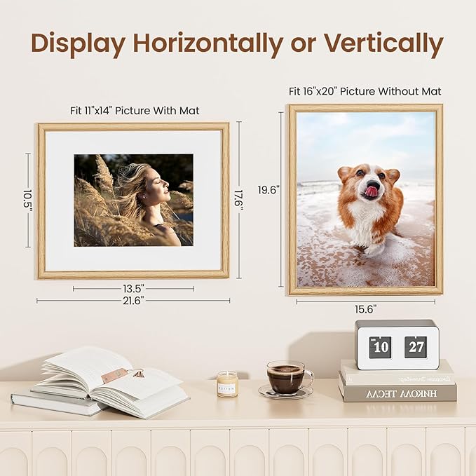 Vivelove 16x20 Picture Frame, 16x20 Oak Wood Poster Frame Display 16 x 20 without Mat or 11x14 with Mat, Wooden Frame with Tempered Glass for Photos, Posters & Art Prints, Home decor, 1 Pack