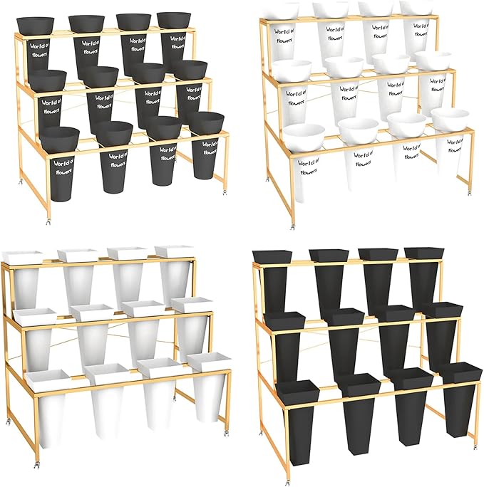 Flower Display Stand With 12PCS Buckets, 3 Layers Metal Plant Stand with Wheels, Heavy Duty Moving Plant Cart Shelf, for Indoor, Outdoor Patio Garden, Living Room, Florist (Black - Square Bucket)