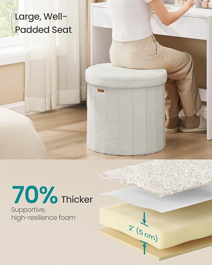 SONGMICS Mazie Collection - Round Storage Ottoman, Folding Footrest Stool with Removable Lid, Easy Assembly, Teddy Fleece Vanity Stool for Bedroom, Living Room, Entryway, Cream White ULSF606W01