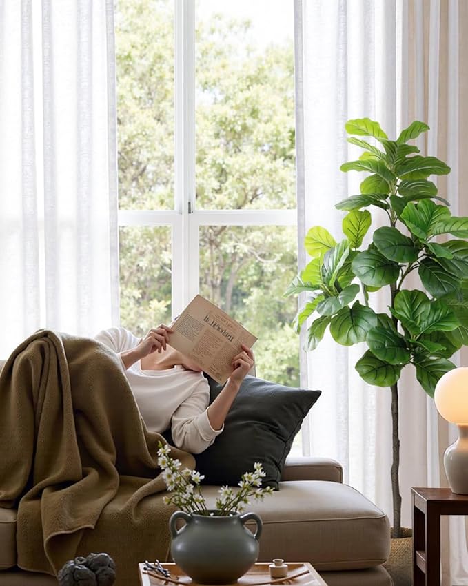 6FT Artificial Fiddle Leaf Fig Tree - Tall Fake Tree with White Planter&Seagrass Basket, Large Faux Ficus Lyrata Tree Floor Plants for Indoor Home Decor Office Living Room Housewarming Gift