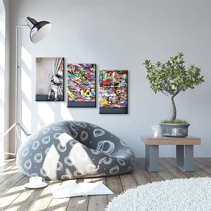 3 Pieces Banksy Wall Art Graffiti Wall Art Behind the Curtain Wall Art Colorful Decor Banksy Canvas Wall Art Pop Art Graffiti Canvas Wall Art Street Art Banksy Canvas for Room Decor (16''Wx24''Hx3PCS)