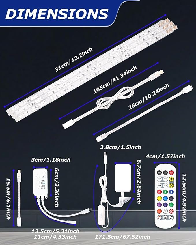 Cefrank Color Cabinet Lighting, 4pcs 12" Linkable RGB LED Light Bar Kit for Display Cabinet, Smart App & Remote Control, Music Sync, Scene Modes, Multi-Colors