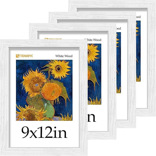 9x12 Picture Frame 4 Pack - White Solid Wood Poster Photo Frame - Tempered Glass - Woodgrain Series - Room, Office, Gallery, Studio Display - Tabletop & Wall Hanging