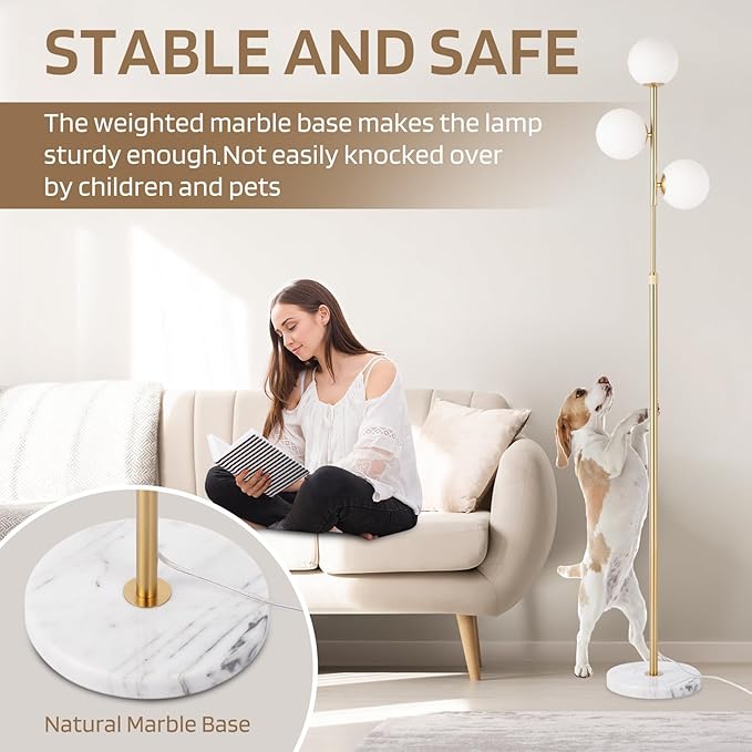 3-Globe Mid Century Modern Floor Lamps for Living Room, Adjustable Height Standing Lamp with Marble Base, Gold Tall Lamp with Frosted Glass Shades, Pole Lamps for Bedroom, Bulbs Included