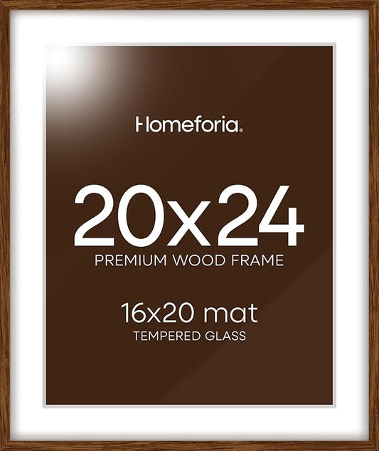 Homeforia 20x24 Picture Frame Brown, High End Dark Oak 20x24 Walnut Wooden Poster Frames with Mat 16x20, 20 x 24 Wood Frame Matted to 16 by 20, 24x20 Hanging Frames, Tempered Glass, Wall Kit, Set of 1