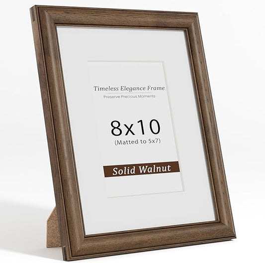 8x10 Picture Frame, USA-Sourced Walnut Wood Frame with Tempered Glass, Display 5x7 with Mat or 8x10 Without Mat, 8 by 10 Photo Frame for Wall & Tabletop Display, Handcrafted Wood Frame, 1 Pack