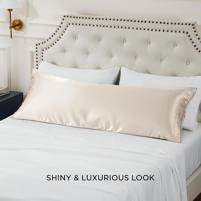 Bedsure Body Pillow Cover 20x54 Inches - Beige Satin Similar to Silk Pillowcase for Hair and Skin, Cooling and Silky Long Body Pillow Pillowcase with Envelope Closure, Gifts for Women Men