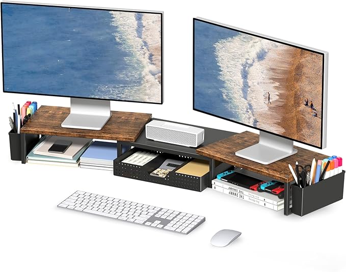 Desk Dual Monitor Stand Riser - Desk Organizer with Drawer and Pen Holders, Office Desk Accessories & Workspace Organization, Computer Monitor Stand for Laptop, Printer, TV, Office Decor, Wood