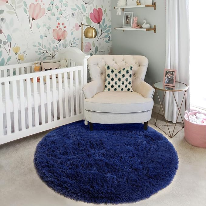 Navy Blue Round Rugs 5Ft for Boys Bedroom, Fluffy Circle Area Rug for Kids, Living Room Decor Aesthetic, Shag Fur Throw Royal Dark Blue Carpet for Baby Nursery, Shaggy Thick Fuzzy Floor Carpets