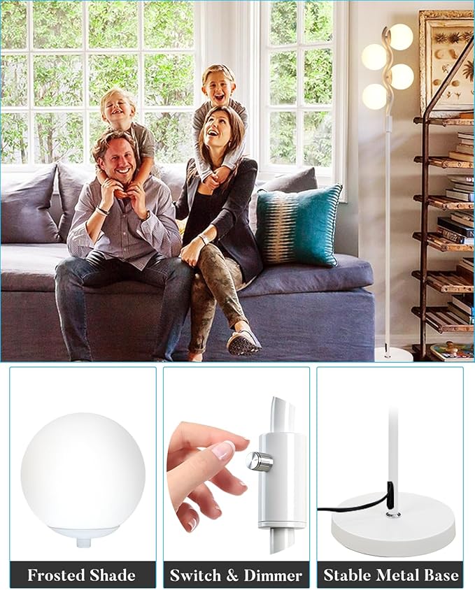 White Globe Floor Lamp Dimmable Tall Standing Lamps with Soft Warm White 3000K Bulbs, Mid Century Modern Floor Lamp for Living Room Bedroom Home Decor