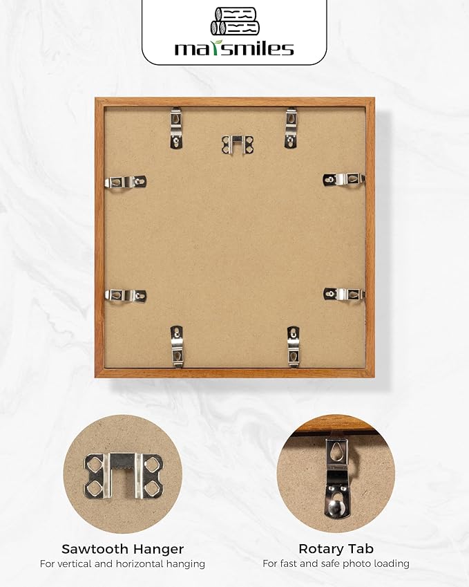 Marsmiles 12x12 Wooden Picture Frame, USA-Sourced Natural Oak Solid Wood Photo Frame with Plexiglass for Display Pictures 8x8 with Mat or 12x12 without Mat, Teak, 1 Pack