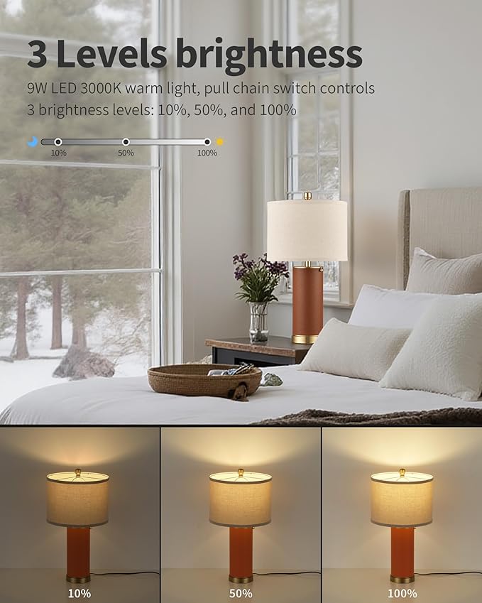 KDG 23.4" Brown PU Leather Table Lamps for Living Room Set of 2, 3 Level Brightness LED Modern Home Decor Fabric Lampshade Desk Lamp Lighitng for Bedroom, Bedside, Farmhouse, Nightstand, Night Light