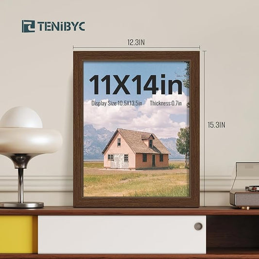 11x14 Picture Frame Set - 4 Pack, Brown Wood Grain 11 x 14 Photo Frame, HD Tempered Glass, Wall Hanging, Gift for Friend