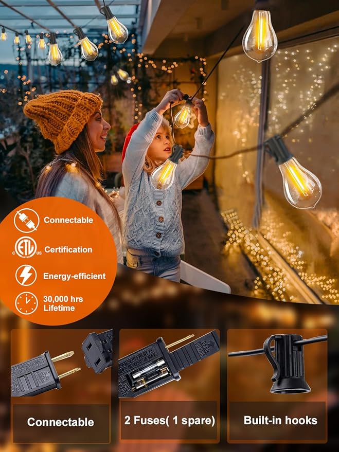 DAMAING Outdoor String Lights 400FT(4x100FT) Waterproof Patio Lights with 208 Shatterproof LED Edison Bulbs,Connectable Outdoor Light for Backyard Balcony Bistro Porch 2200K Black Cord