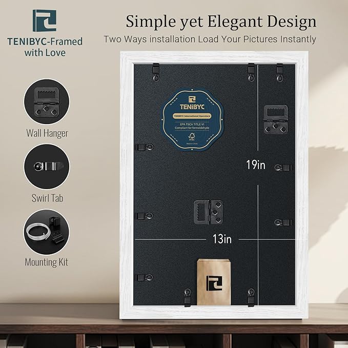 13x19 Picture Frame 4 Pack - White Solid Wood Poster Photo Frame - Tempered Glass - Woodgrain Series - Room, Office, Gallery, Studio Display - Wall Hanging