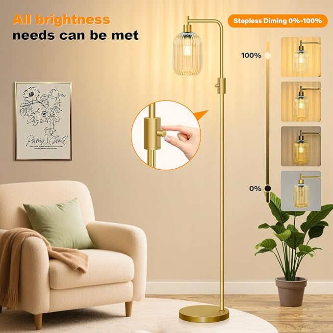 【Upgraded】 Dimmable Glass Floor Lamp for Living Room, Modern Gold Standing Lamp with Amber Ribbed Glass Lampshade & Knob Dimmer, Arc Tall Lamp for Bedroom Office Reading Room, 2700K Led Bulb Included