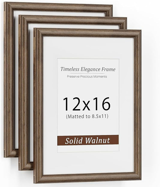 12x16 Picture Frame, USA-Sourced Walnut Wood with Tempered Glass, Display 8.5x11 with Mat or 12x16 Without Mat, 12 by 16 Photo Frame for Vertical & Horizontal Display, Handcrafted Wood Frame, 3 Pack