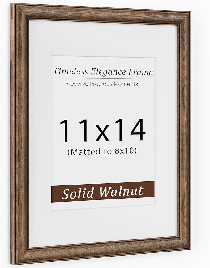 11x14 Picture Frame, USA-Sourced Walnut Wood Frame with Tempered Glass, Display 8x10 with Mat or 11x14 Without Mat, 11 by 14 Photo Frame for Vertical & Horizontal Display, Handcrafted, 1 Pack