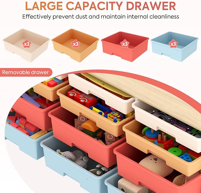 12-Drawer Storage Cabinet with Wooden Tabletop, Versatile Cube Storage Organizer Bin Storage for Home, Office, Playroom, Classroom & Craft Room Storage (Rainbow)